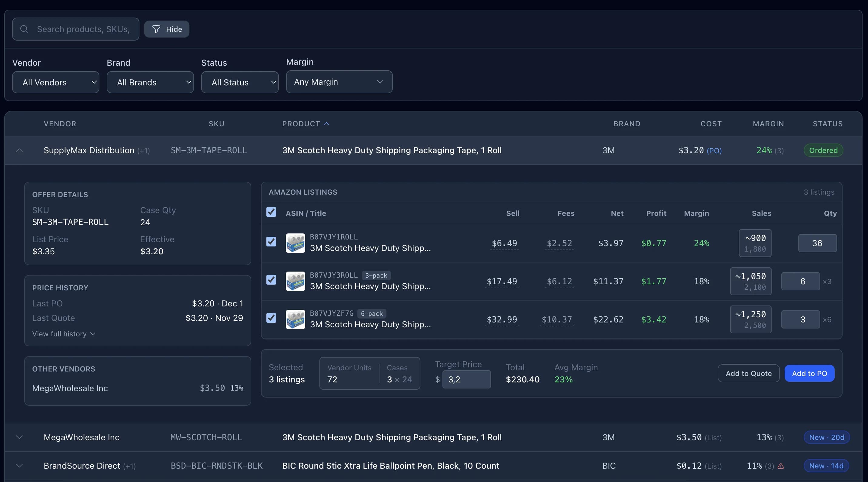 Vendor Delta main dashboard showing product list with multiple vendor columns and profit calculations